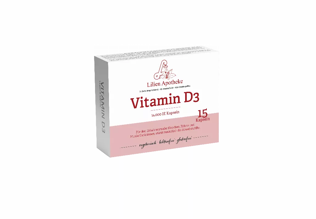 Eine Schachtel mit Vitamin-D3-Tabletten auf weißem Hintergrund