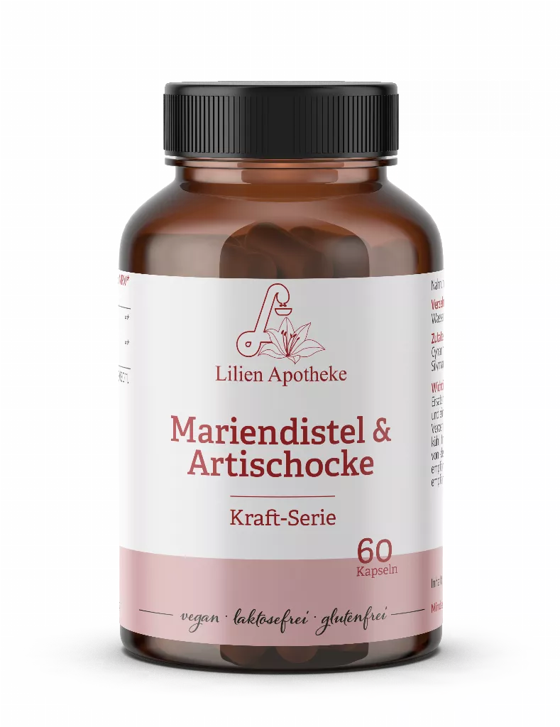 Nahaufnahme einer Flasche Mariendistel und Artischocke