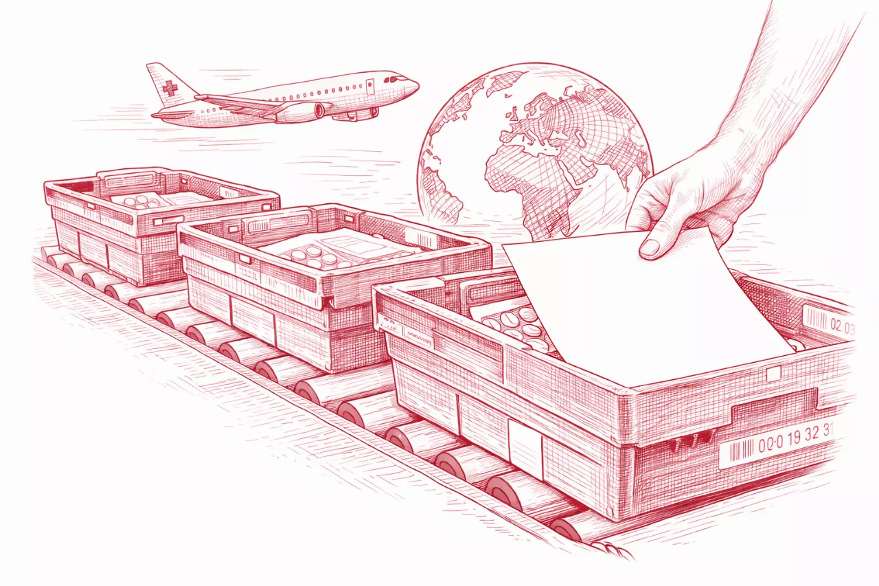 Eine Zeichnung einer Person, die ein Stück Papier in eine Schachtel auf einem Förderband legt.