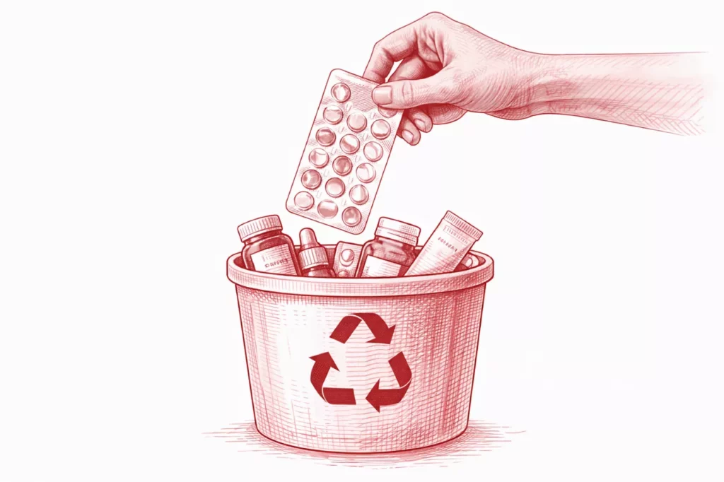 Eine Zeichnung einer Hand, die Tabletten in einen Recycling-Eimer gibt