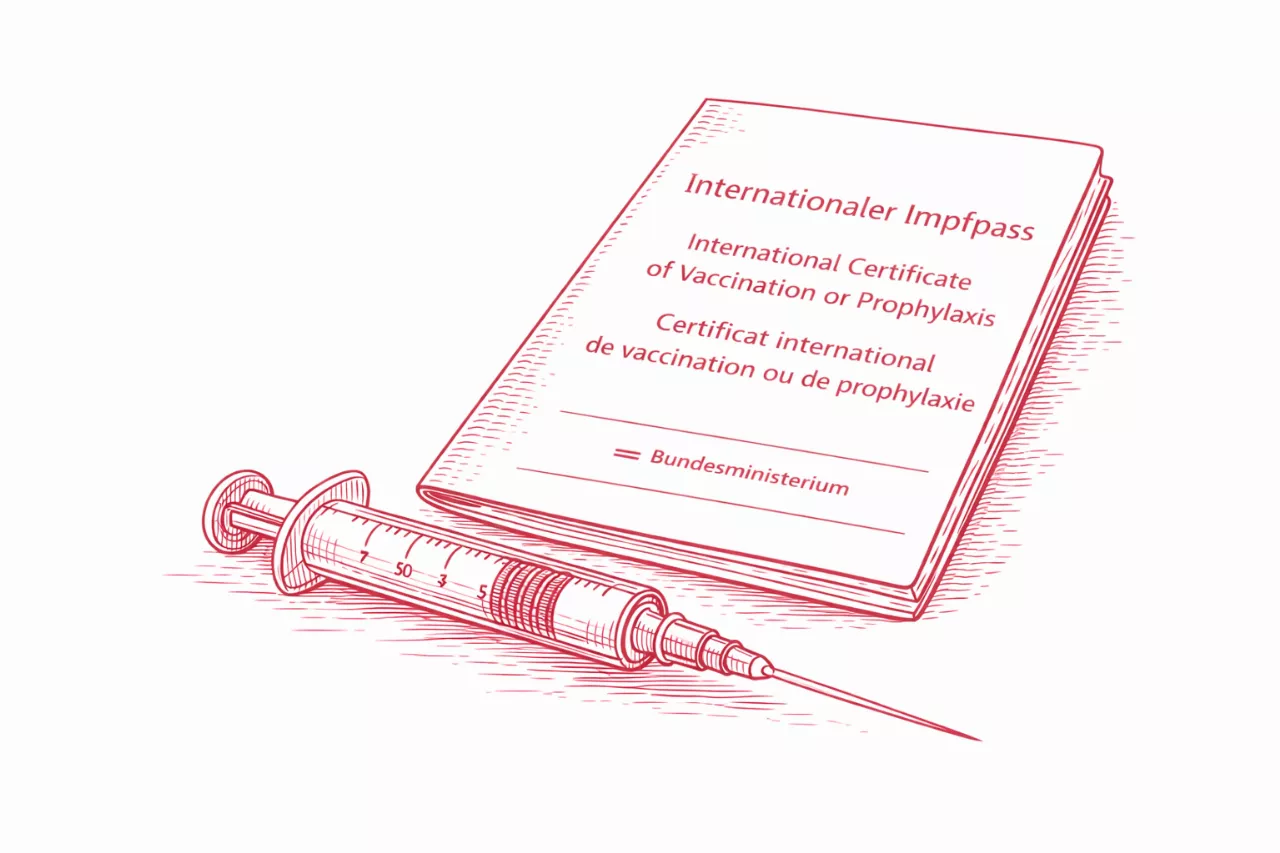 Eine Zeichnung eines Impfpasses und einer Spritze