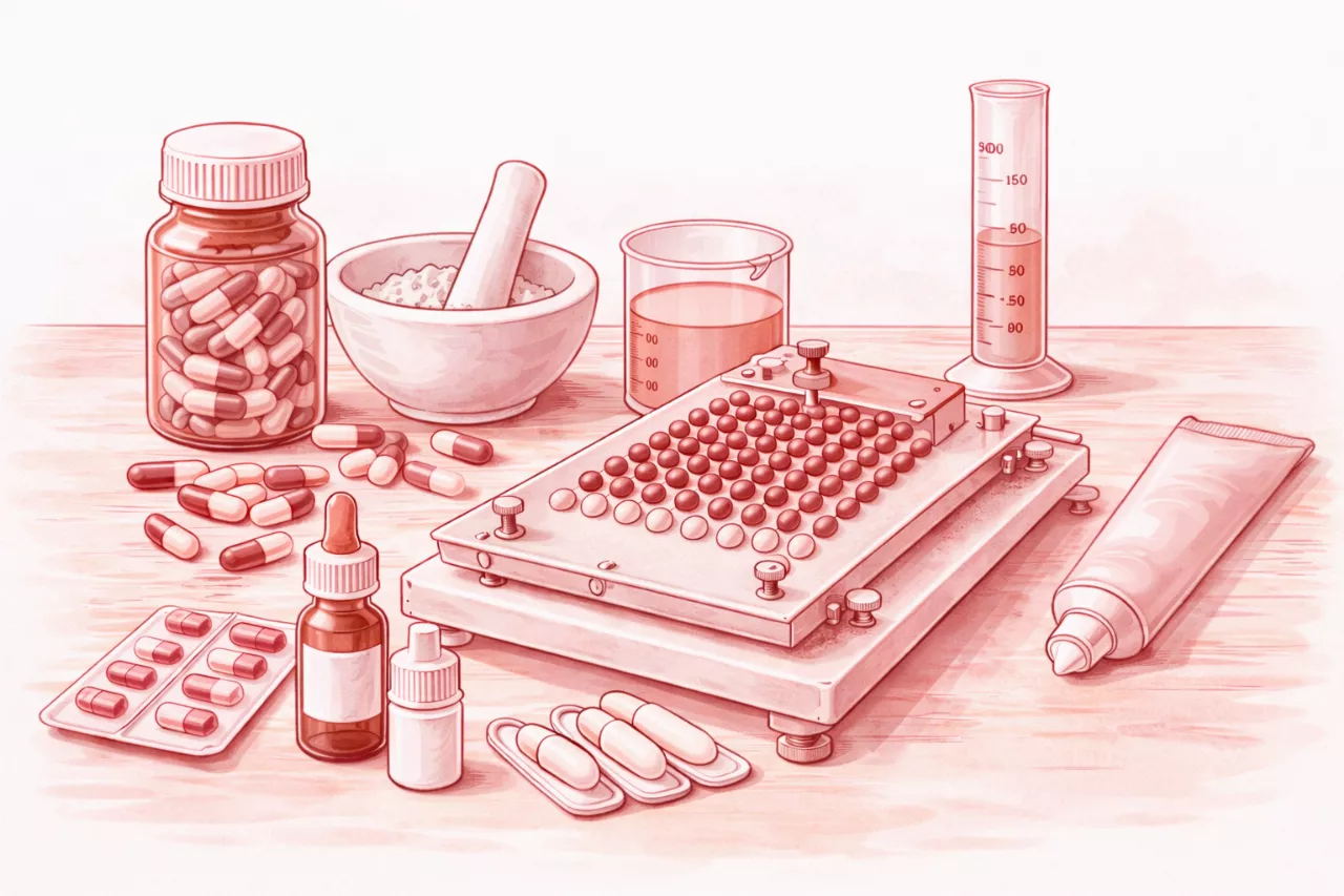 Eine Zeichnung von Pillen, Salben und Pulvern zur individuellen magistralen Anfertigung