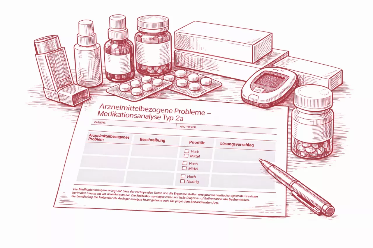 Eine Zeichnung von Pillen & Medikamenten sowie einem Fragebogen zur Medikamentenanalyse
