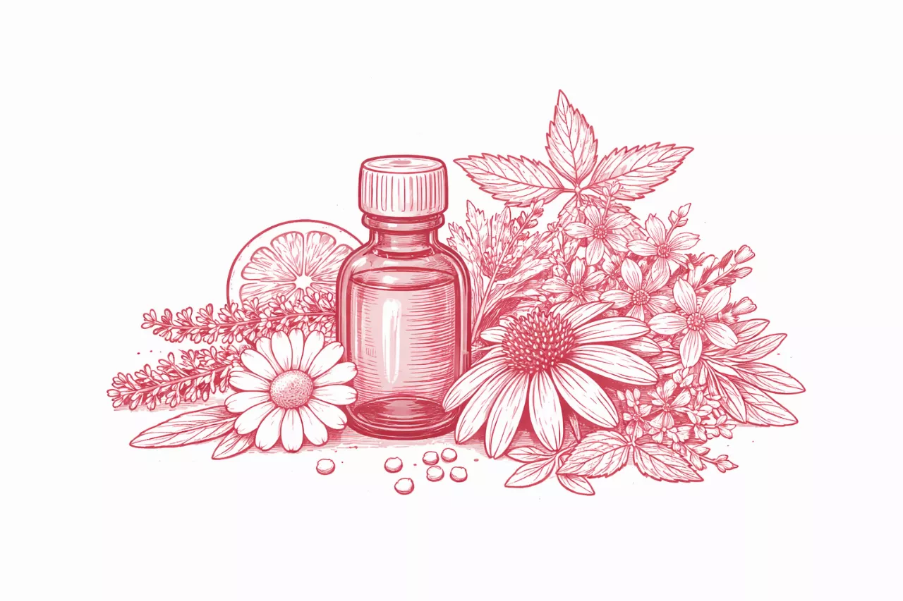 Eine Flasche ätherisches Öl, umgeben von Blumen