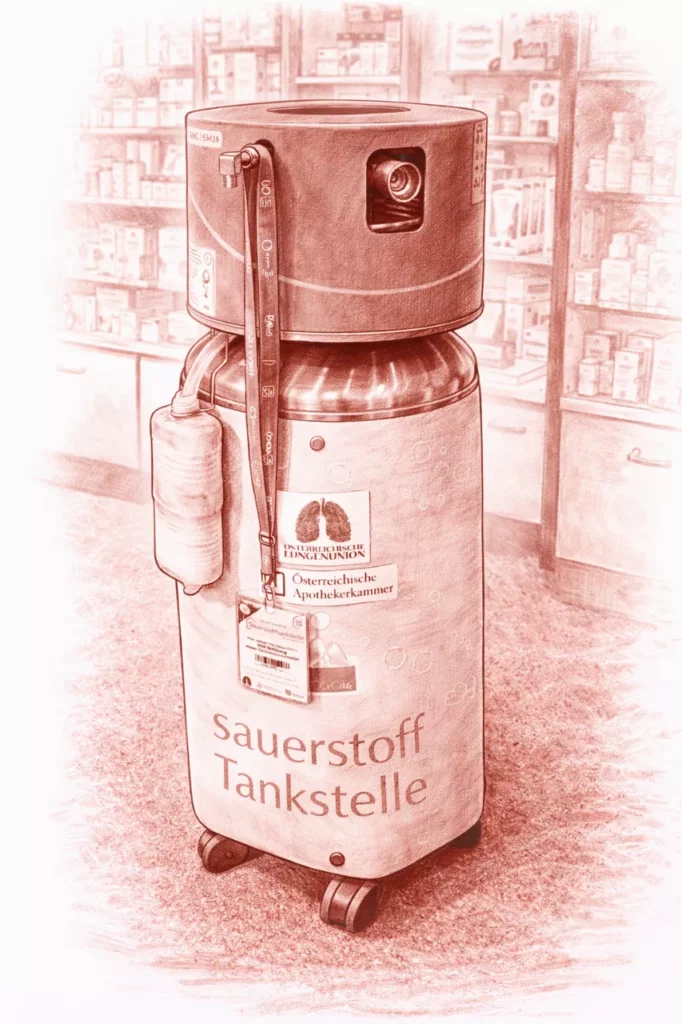 Eine Zeichnung einer Sauerstofftankstelle in einer Apotheke