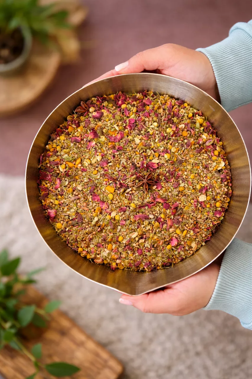 Eine Person hält eine mit Tee gefüllte Metallschüssel.